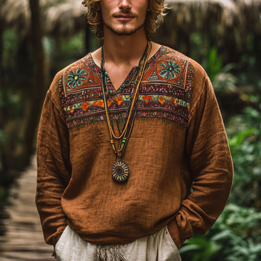 

Men's Bohemian Holiday Style Vintage Linen Printed Casual Long Sleeve Top