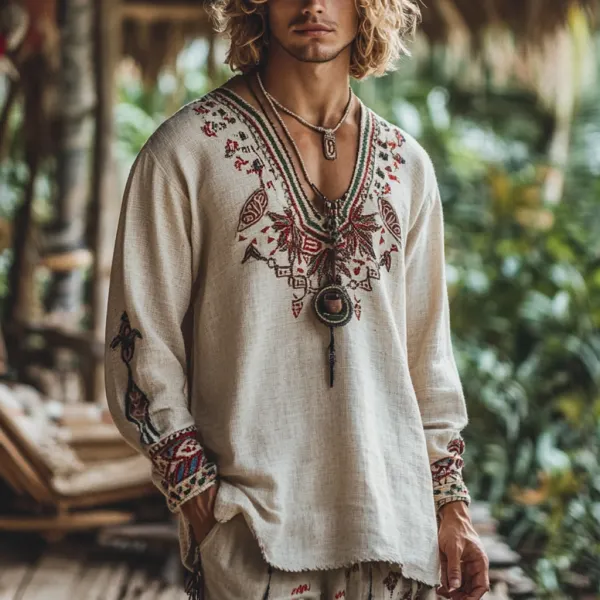 Men's Bohemian Holiday Style Vintage Linen Printed Casual Long Sleeve Top - Elementnice.com 