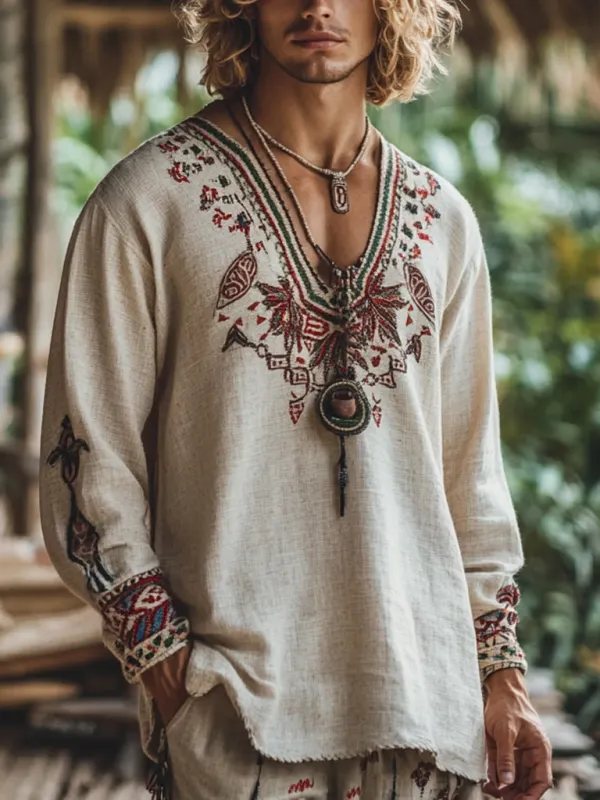 Men's Bohemian Holiday Style Vintage Linen Printed Casual Long Sleeve Top - Menbarn.com 