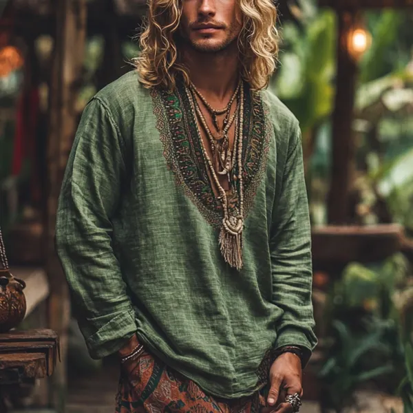 Men's Bohemian Holiday Style Vintage Linen Printed Casual Long Sleeve Top - Elementnice.com 
