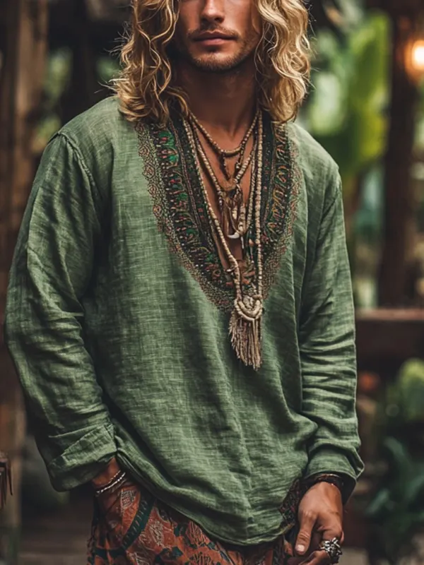 Men's Bohemian Holiday Style Vintage Linen Printed Casual Long Sleeve Top - Pragmaace.com 