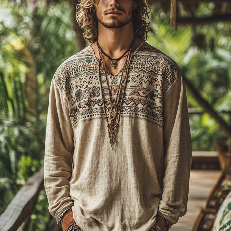 

Men's Bohemian Holiday Style Vintage Linen Printed Casual Long Sleeve Top