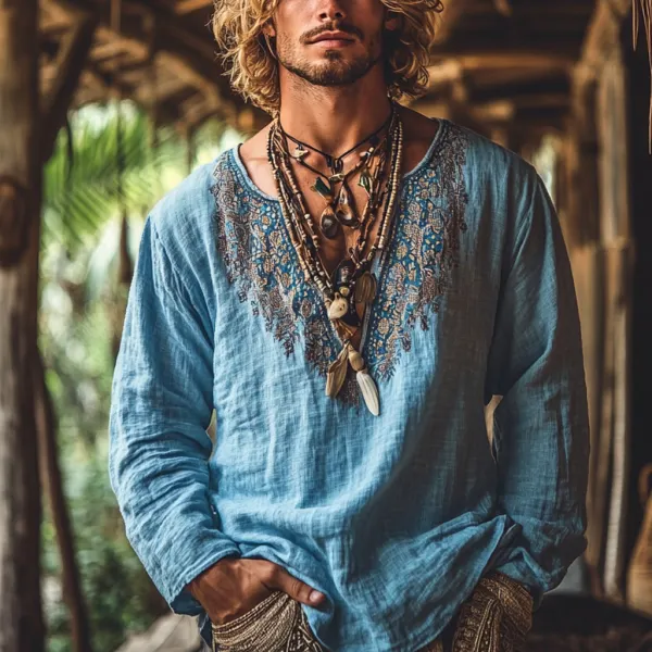 Men's Bohemian Holiday Style Vintage Linen Printed Casual Long Sleeve Top - Villagenice.com 