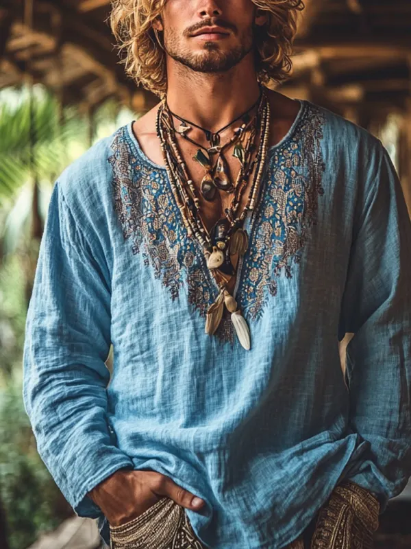 Men's Bohemian Holiday Style Vintage Linen Printed Casual Long Sleeve Top - Menbarn.com 