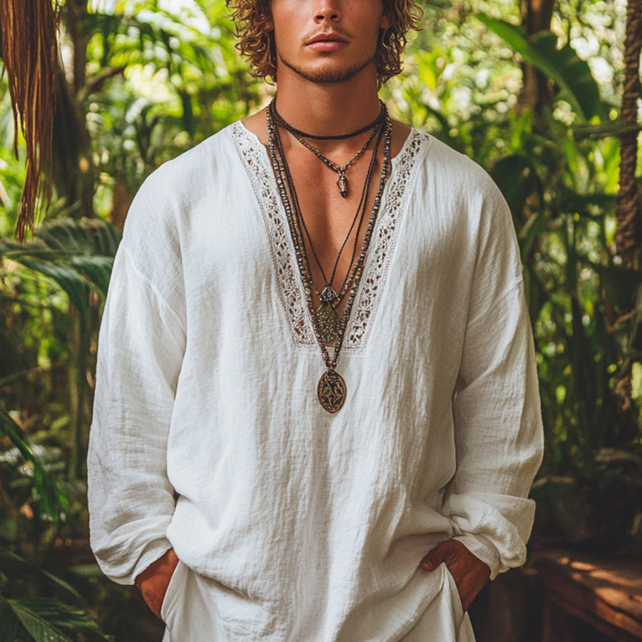 

Men's Bohemian Holiday Style Vintage Linen Printed Casual Long Sleeve Top