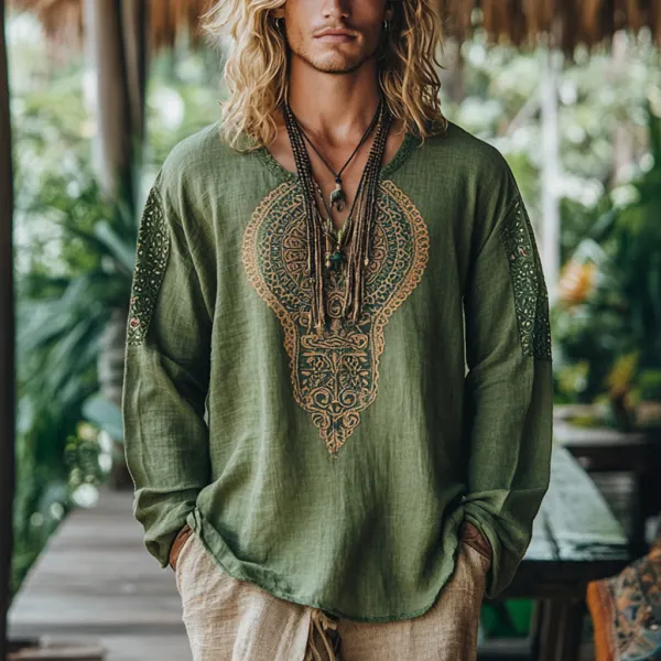 Men's Bohemian Holiday Style Vintage Linen Printed Casual Long Sleeve Top - Elementnice.com 