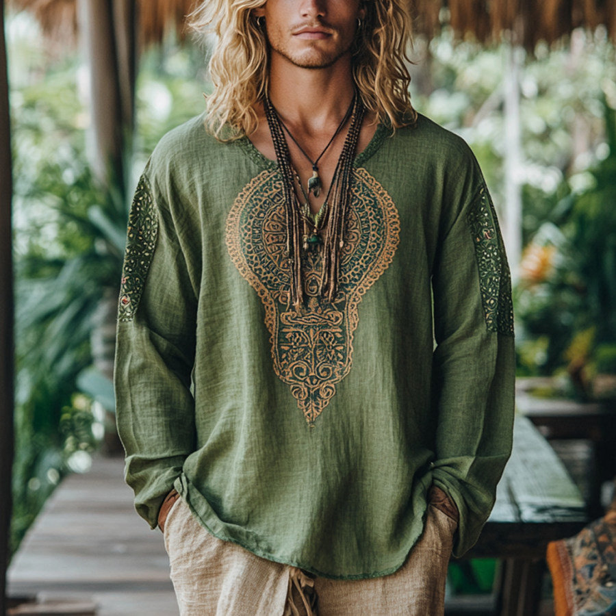 

Men's Bohemian Holiday Style Vintage Linen Printed Casual Long Sleeve Top