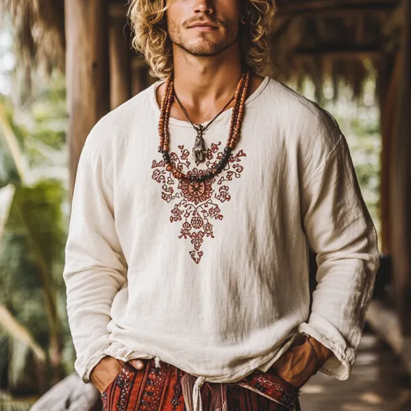 Men's Bohemian Holiday Style Vintage Linen Printed Casual Long Sleeve Top - Elementnice.com 