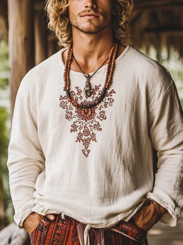 Men's Bohemian Holiday Style Vintage Linen Printed Casual Long Sleeve Top - Menbarn.com 