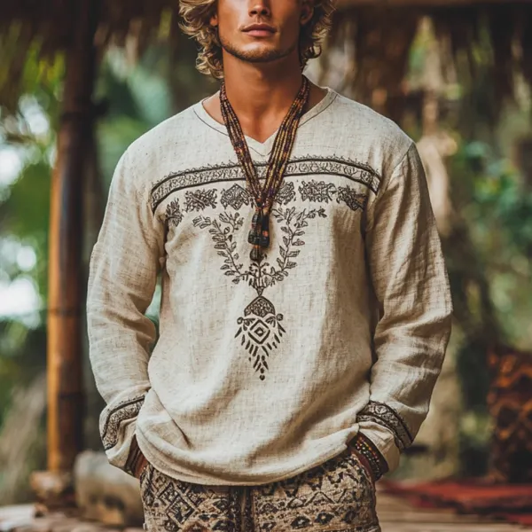 Men's Bohemian Holiday Style Vintage Linen Printed Casual Long Sleeve Top Only $25.99 - Elementnice.com 