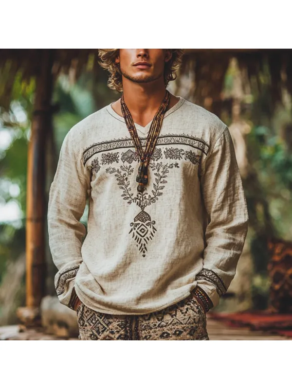 Men's Bohemian Holiday Style Vintage Linen Printed Casual Long Sleeve Top - Aptkoi.com 