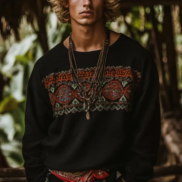 Men's Bohemian Holiday Style Vintage Linen Printed Casual Long Sleeve Top - Elementnice.com 