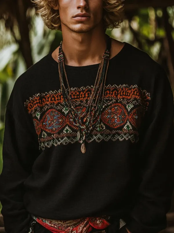 Men's Bohemian Holiday Style Vintage Linen Printed Casual Long Sleeve Top - Menbarn.com 