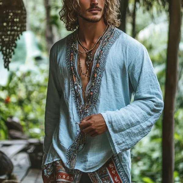 Men's Bohemian Holiday Style Vintage Linen Printed Casual Long Sleeve Top - Elementnice.com 