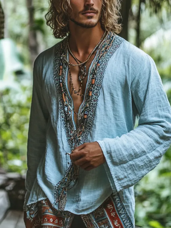 Men's Bohemian Holiday Style Vintage Linen Printed Casual Long Sleeve Top - Pragmaace.com 