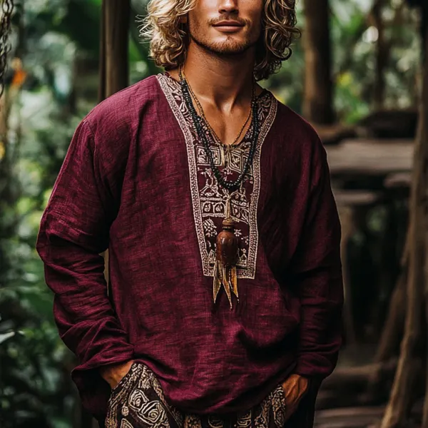 Men's Bohemian Holiday Style Vintage Linen Printed Casual Long Sleeve Top - Elementnice.com 