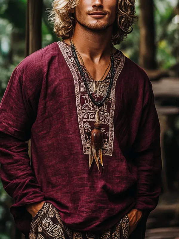 Men's Bohemian Holiday Style Vintage Linen Printed Casual Long Sleeve Top - Menbarn.com 