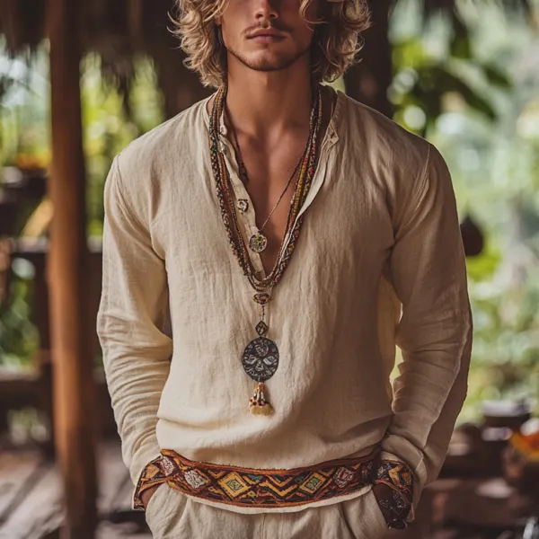 Men's Bohemian Holiday Style Vintage Linen Printed Casual Long Sleeve Top - Elementnice.com 