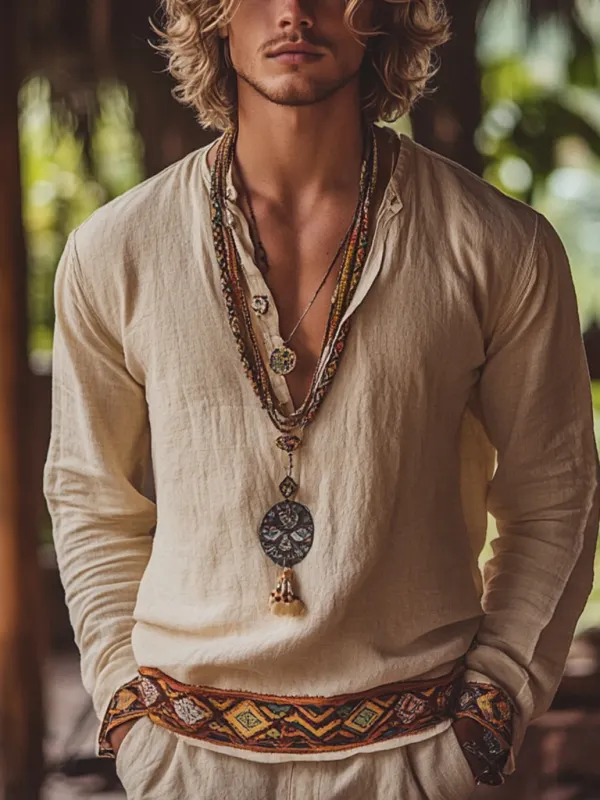 Men's Bohemian Holiday Style Vintage Linen Printed Casual Long Sleeve Top - Pragmaace.com 