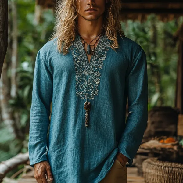 Men's Bohemian Holiday Style Vintage Linen Printed Casual Long Sleeve Top - Elementnice.com 