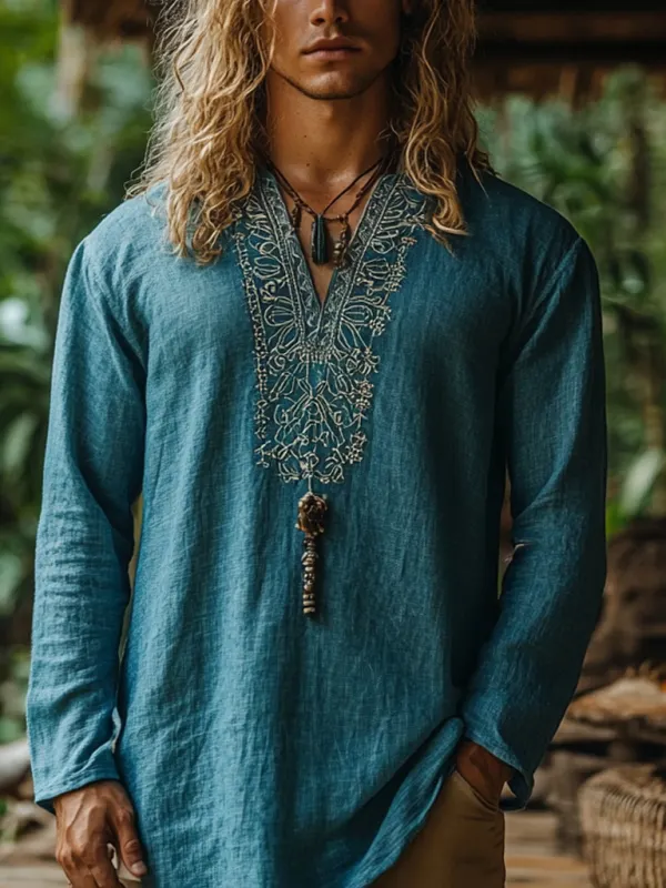 Men's Bohemian Holiday Style Vintage Linen Printed Casual Long Sleeve Top - Pragmaace.com 