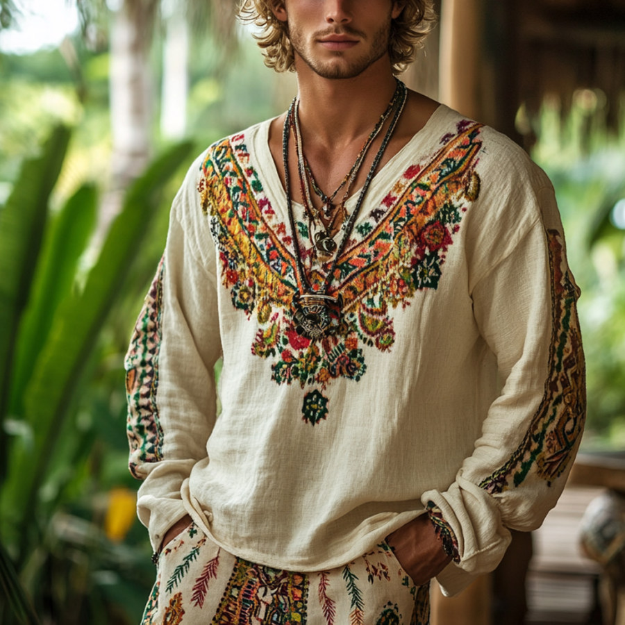 

Men's Bohemian Holiday Style Vintage Linen Printed Casual Long Sleeve Top