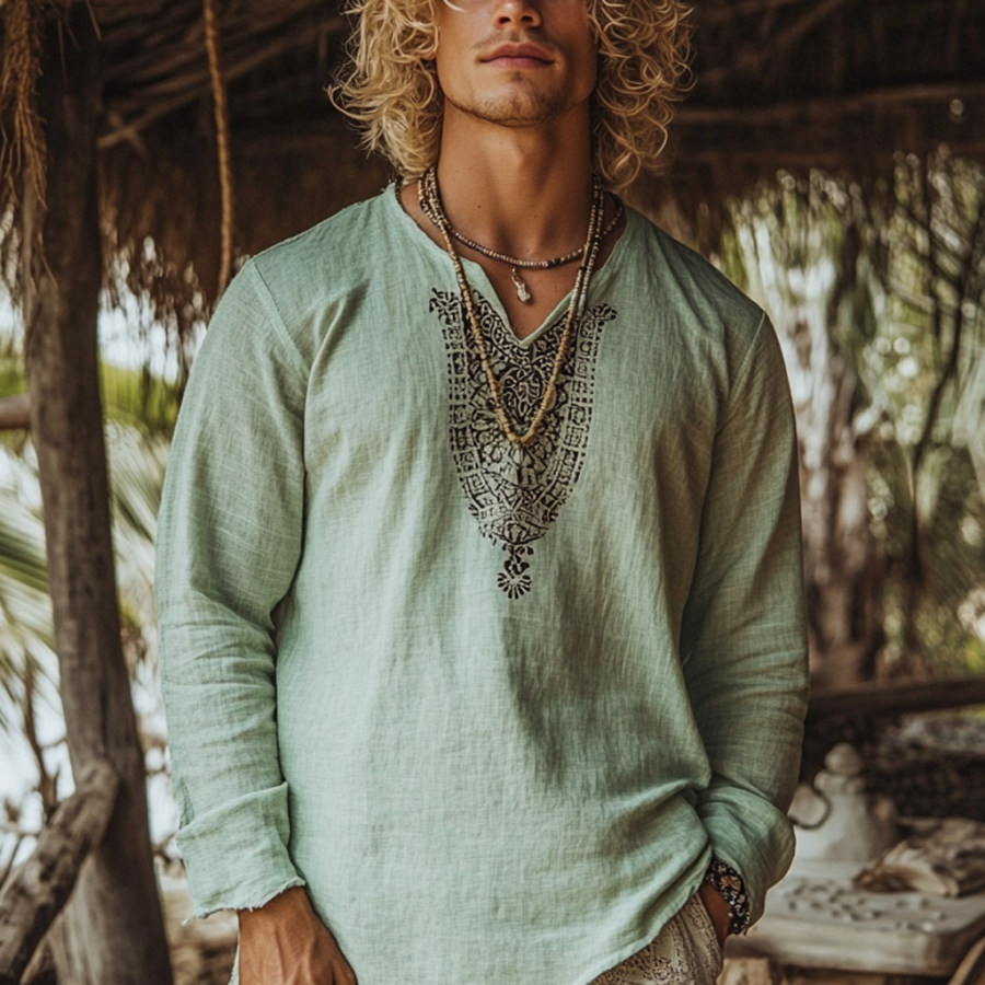 

Men's Bohemian Holiday Style Vintage Linen Printed Casual Long Sleeve Top