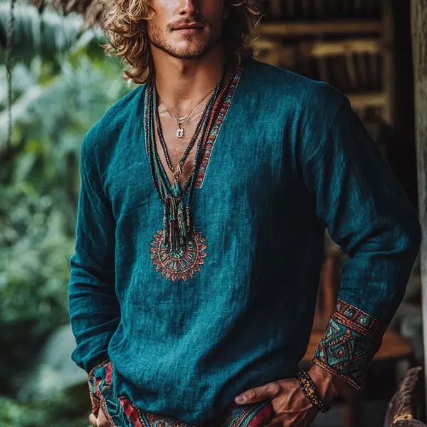 Men's Bohemian Holiday Style Vintage Linen Printed Casual Long Sleeve Top - Elementnice.com 