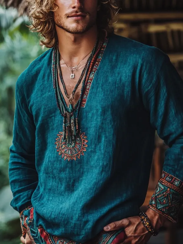 Men's Bohemian Holiday Style Vintage Linen Printed Casual Long Sleeve Top - Pragmaace.com 