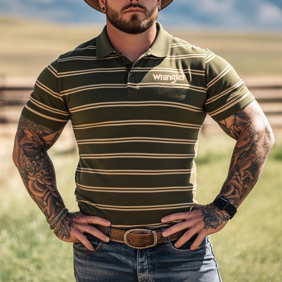

Men's Western Cowboy Striped Polo Collar Short Sleeve T-shirt