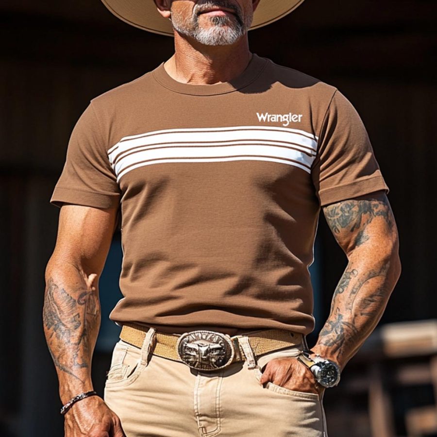 

Men's Western Cowboy Stripe Print Crew Neck Short Sleeve T-shirt