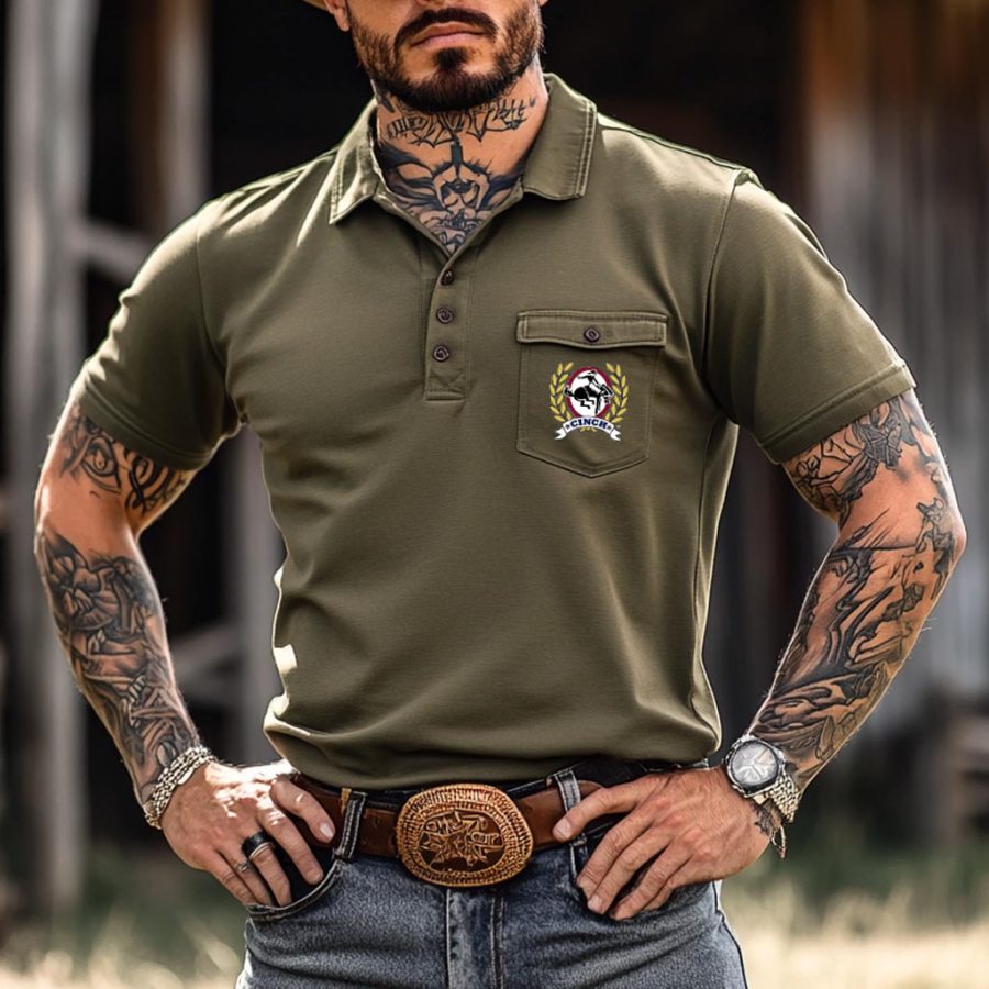 

Men's Western Cowboy Pocket Polo Collar Short Sleeve T-shirt