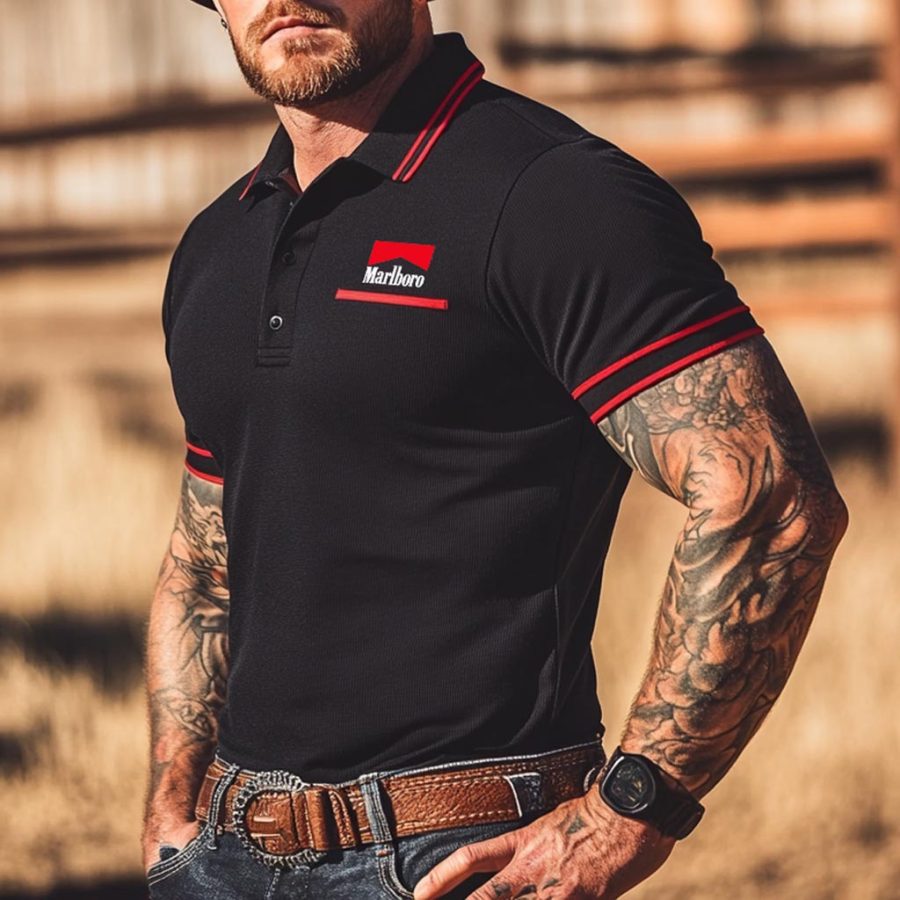 

Men's Western Cowboy Contrast Color Polo Collar Short Sleeve T-shirt