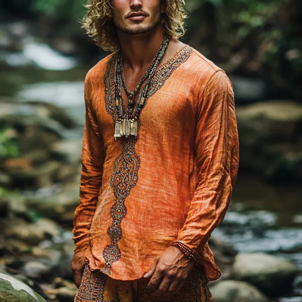 Men's Bohemian Holiday Style Vintage Printed Casual Long Sleeve Top - Wayrates.com 
