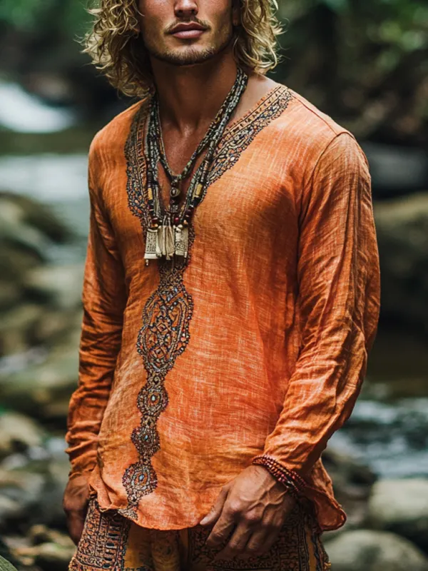 Men's Bohemian Holiday Style Vintage Printed Casual Long Sleeve Top - Menbarn.com 
