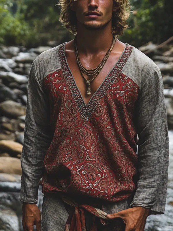 Men's Bohemian Holiday Style Vintage Printed Casual Long Sleeve Top - Sunshinetip.com 