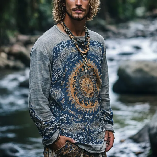 Men's Bohemian Holiday Style Vintage Printed Casual Long Sleeve Top - Wayrates.com 