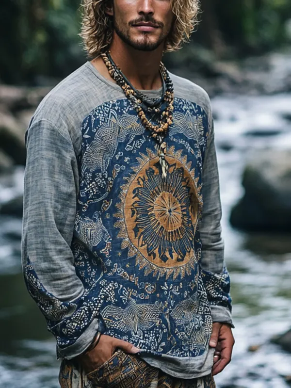 Men's Bohemian Holiday Style Vintage Printed Casual Long Sleeve Top - Menbarn.com 