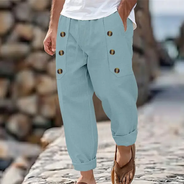 Men's Casual Hawaii Beach Multi Button Cotton Linen Trousers - Villagenice.com 