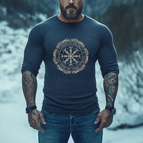 Men's Vintage Viking Rune Print V-neck Long Sleeve T-shirt - Upgradecool.com 