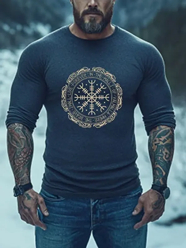 Men's Vintage Viking Rune Print V-neck Long Sleeve T-shirt - Pragmaace.com 