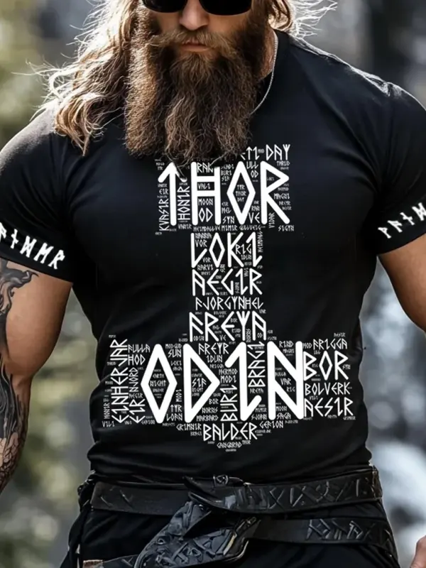 Men's Viking Hammer Rune Print Short Sleeve T-shirt - Pragmaace.com 