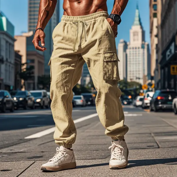 Men's Casual Multi-Pocket Drawstring Cotton Linen Straight Leg Drawstring Pants - Trisunshine.com 