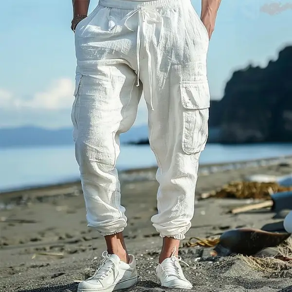 Men's Casual Drawstring Solid Color Loose Cotton Linen Work Pants - Trisunshine.com 