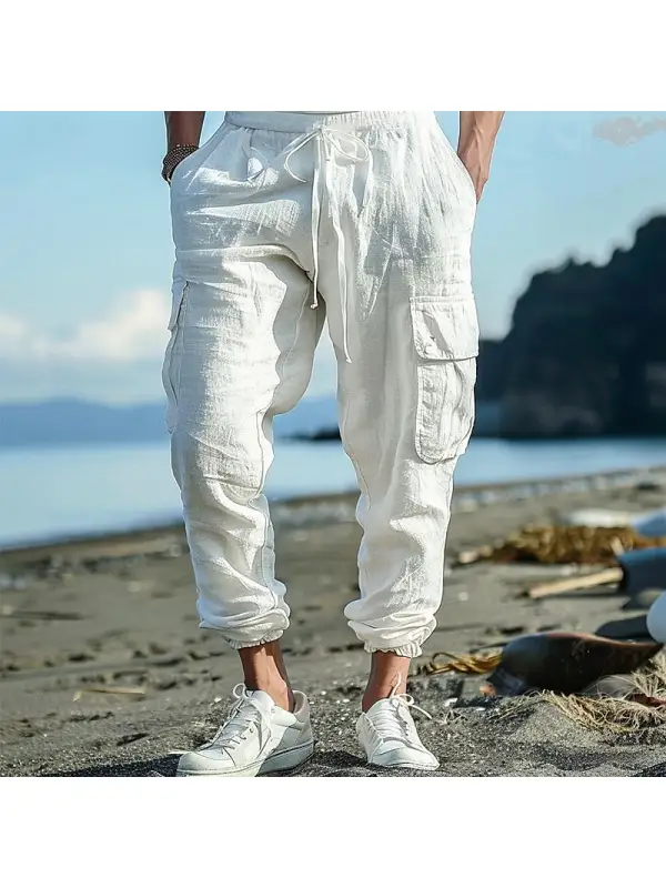 Men's Casual Drawstring Solid Color Loose Cotton Linen Work Pants - Aptkoi.com 