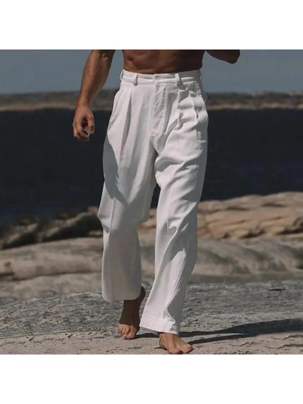 Men's Linen Buttoned Plain Pants - Aptkoi.com 