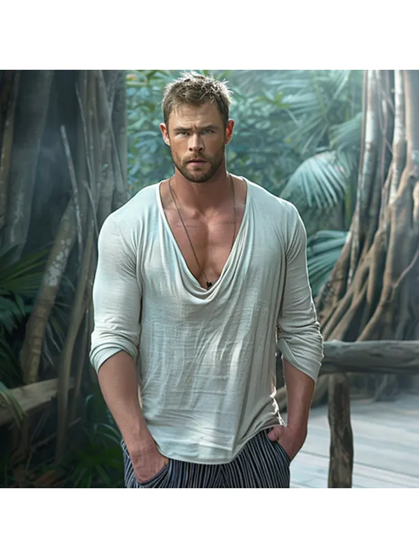 Men's Large V-neck Solid Color Breathable Long-sleeved Shirt - Localziv.com 