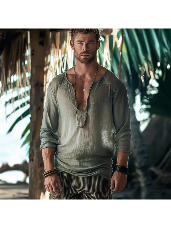 Men's V-neck Basic Solid Color Breathable Linen Long-sleeved Shirt - Localziv.com 