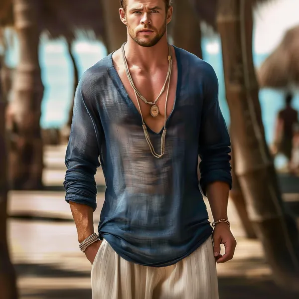 Men's Deep V-neck Solid Color Long-sleeved Shirt - Bustalent.com 