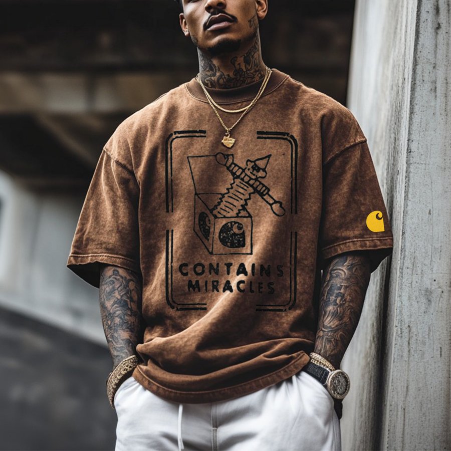 

Men's Vintage Oversized Embroidery Print T-shirt Brown